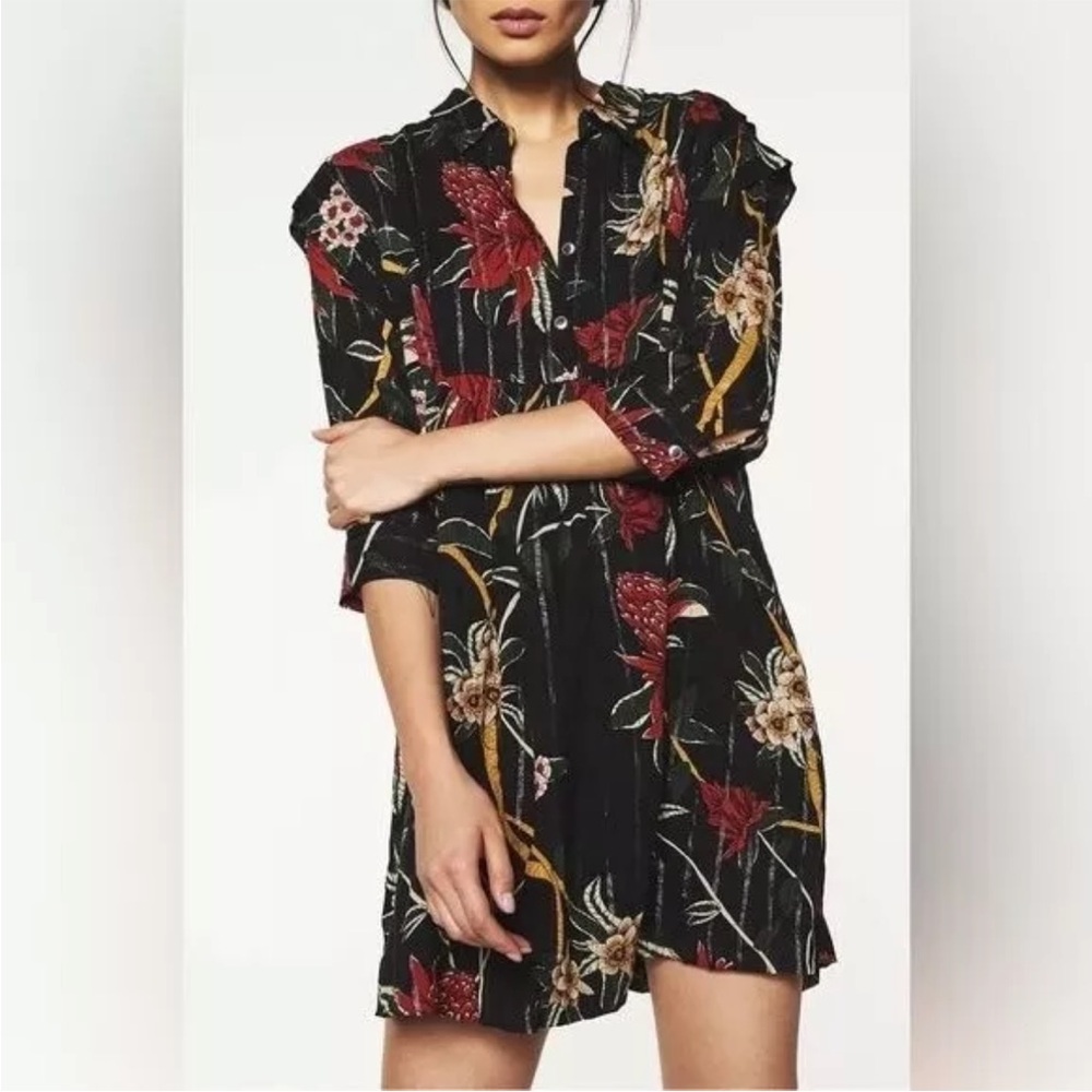 BA&SH Paprika Patty Floral Mini Dress Metallic Stripe Half Sleeve (Size XS)